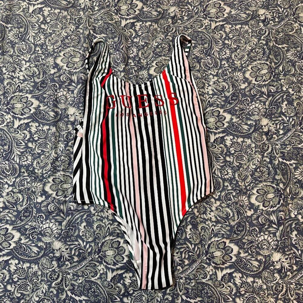 GUESS - Striped One Piece Striped Scoop Back Swimsuit